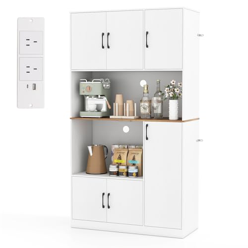 COSTWAY 180cm Tall Kitchen Cupboard, 6-Door Buffet Pantry Storage Cabinet with Built-in Power Outlet & Anti-tipping Device, Freestanding Sideboard Organizer Unit for Dining Room Living Room (White)