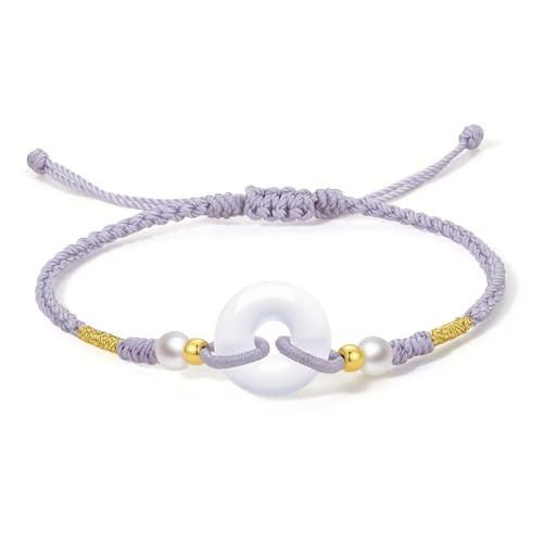 24K Gold Bracelet for Women Pearl Bracelets Peace Buckle Charm Link Chain Chalcedony Beads Natural Gemstone Bangle Dainty Healing Stone Charms Lucky Jewelry Agate Braided Rope Fortune Solid Gold Gift