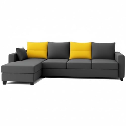 Image of CASASTYLE Texon 5 Seater Fabric LHS L Shape Sofa Set (Yellow-Dark Grey) Velvet Finish | Comfortable Sectional Sofa Set