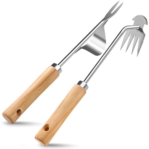 Stainless Steel Weed Puller 2 Pcs, Multifunction Weeder Puller, Wood Handle Hand Weeder Tool for Gardening, Shaped Light Duty Hand Weeder for Garden Yard Farm Weed Removal (2 Pcs) Cover