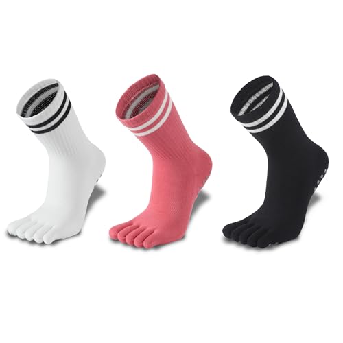 KULLAMEE 3Pairs Women Grippy Yoga Toe Socks – Full Toe Cotton Crew Pilates Socks with Non Slip Sticky Grip Bottom,Gifts for Yoga,Barre,Pilates,Exercises and indoor walking.(Black/Pink/White)