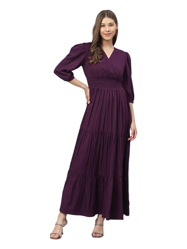 Image of Femvy Women's Fit and Flare Maxi Dress Rayon 3 /4 Sleeve Solid V-Neck Evening Dress 751