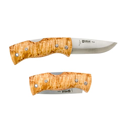 HELLE Knives - Nipa - Mid-Size Folding Knife - 2.72 Stainless Steel Blade with Hand-Sanded Curly Birch Handle - EDC Pocket Knife with Clip - Made in Norway