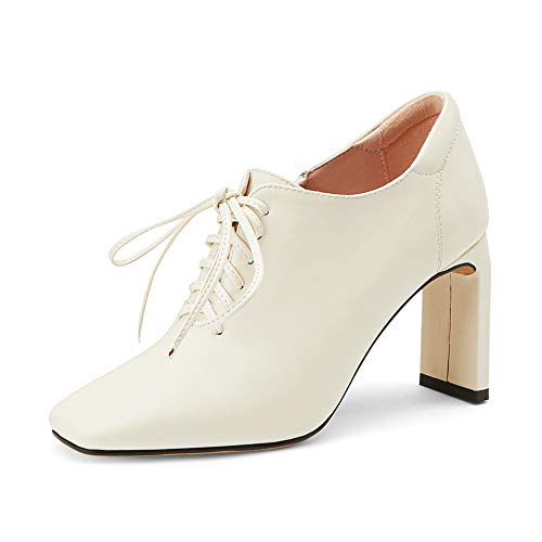 TinaCus Women's Genuine Leather Handmade Square Toe Lace Up Side Zip High Chunky Heel Pumps