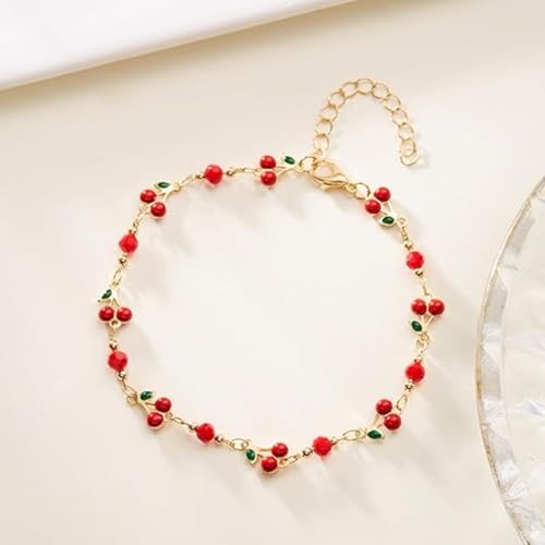 Image of Cherry Bracelet for Women Gold Evil Eye Link Bracelet Dainty Flower Daisy Bracelets Pearl Butterfly Heart Charm Bracelets Adjustable Summer Beach Jewelry