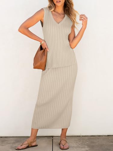 Image of Women's 2 Piece Outfits Summer Sweater Skirt Sets Casual Sleeveless V Neck Ribbed Vest Knit Tops Midi Dress