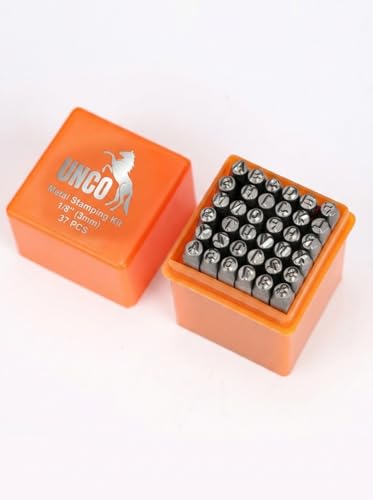 UNCO- Metal Stamping Kit 1/8 (3mm) 37 Pack Metal Stamps for Steel Uppercase Letters Number and Heart Symbol Stamp Set for DIY Crafts Jewelry and Leather Projects