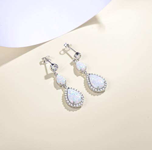 FANCIME October Birthstone Earrings Created Opal Dangle Earrings Sterling Silver 2 Stones White Fire Opal Halo Cubic Zirconia Long Teardrop Earrings for Women3