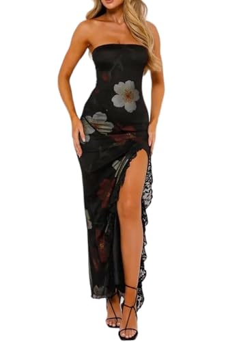 ABMOIU Womens Summer Tube Maxi Dress Strapless Sexy High Split Lace Trim Print Bodycon Long Dresses Black Large