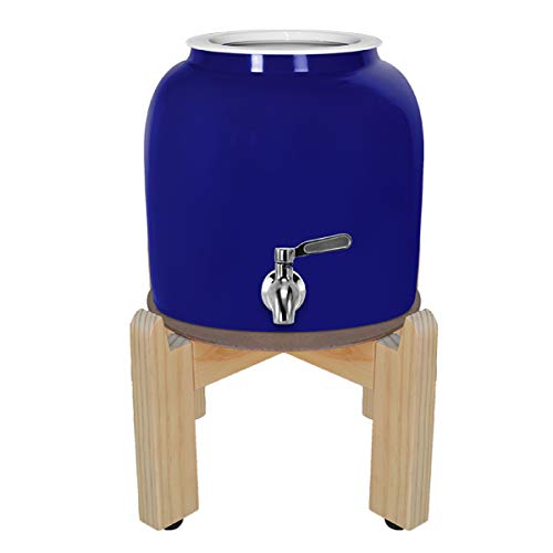 Geo Sports Porcelain Ceramic Crock Water Dispenser, 8 Inch Wood Stand, Stainless Steel Faucet, Valve Included. Fits 3 To 5 Gallon Jugs. (Blue)