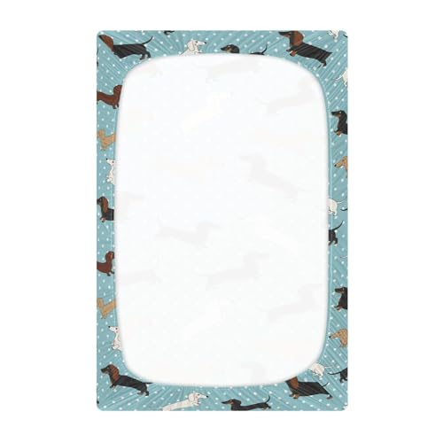 Image of Dachshund Dogs Polka Dots Blue Fitted Crib Sheet for Boys Girls Baby Crib Bedding Set for Crib Mattress,52 X 28 in