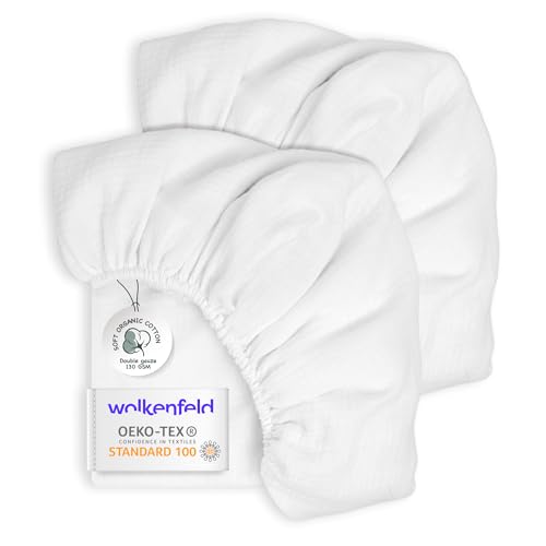 Wolkenfeld Sabanas Cuna 70x140 Algodon – Set de 2 Piezas en Muselina Transpirable – Suaves y Delicadas con la Piel – Aptas para Colchones de hasta 10 cm – Hecho en Europa – Blanco-Blanco