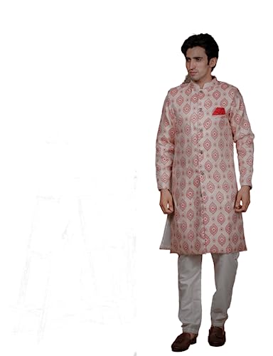 Image of Amzira Men's Soft Cotton Indo Western Kurta Pyjama Set with Mandarin Collared Neck Long Sleeves Button Closure and Solid Pant