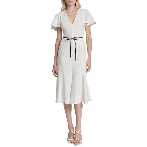 Image of DKNY Women's Short Flutter Sleeve V-Neck Tie Belt Fit and Flare Dress