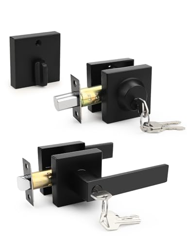 Image of Tinewa Square Keyed Alike Front /Exterior Door Lever with Single Cylinder Deadbolt, Flat Black Entry Door Knob Lock Set with Deadbolt Combination Sets, for Entrance /Front and Office Doors,1 Pack