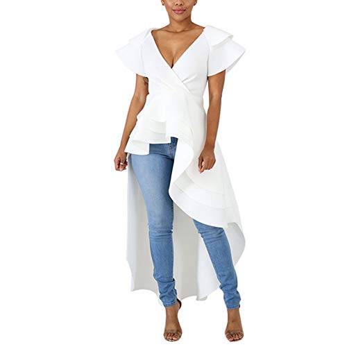 Annystore High Low Tops for Women - Ruffle Short Sleeve Off The Shoulder Bodycon Peplum Shirt Dresses White