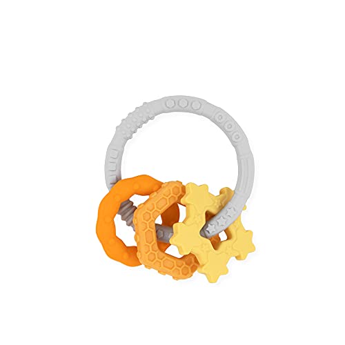 Image of Bumkins Baby Teething Freezer Toy Keys Rings, Soft Flexible Pacifier to Chew, Cool Teether Gum Relief, Babies 3 Months, Freezable Platinum Silicone, Sensory Bracelet with Charms, Orange and Gray