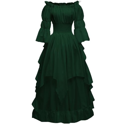 PLWEDDING Damen Gothic Hexen Kleid Mittelalter Renaissance Kostüm Viktorianisches Kleid(Dunkelgrün,S/M)