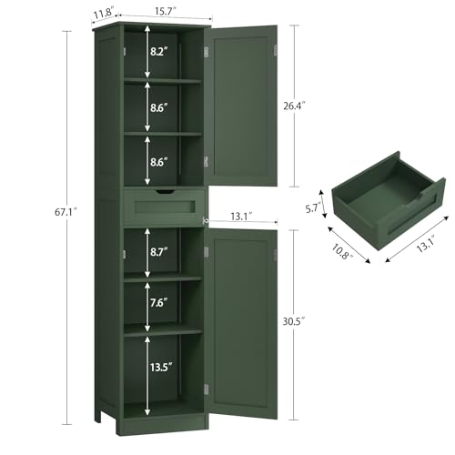 Image of TEENFON Tall Bathroom Cabinet with 2 Doors & 1 Drawer, Narrow Bathroom Storage Cabinet with Adjustable Shelves, for Living Room, Entryway, Kitchen, Forest Green