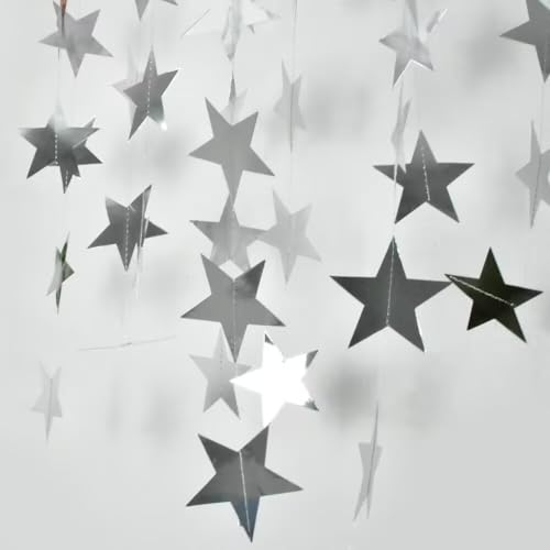 Image of Silver Glitter Star Garland Hanging Decorations, Streamer Bunting Banner Decorations,65 Feet, Twinkle Star Backdrop for Graduation, Birthday, Wedding, Christmas Party, New Year (Silver)