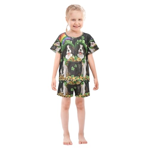 ALAZA Rainbow Dog Shamrock Coin Clover Leaf Patrick's Day Pajamas Set Short Sleeve Cotton Sleepwear Summer Pjs 2 Piece 5-14Y3