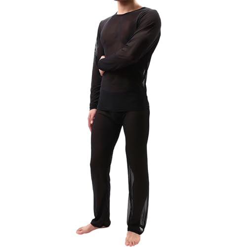 Mymyguoe Conjunto de pijama transparente para hombre, transpirable, ropa de noche, monocolor, camisetas y pantalones de pijama, conjunto de pijama de malla transparente, ropa de dormir, 2 piezas