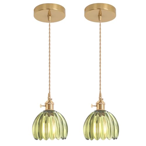 Image of Shenmoyl Pendant Light 2 Pack with Green Tulip Glass Lmapshade, Brass Vintage Pendant Light Adjustable Hanging Light for Kitchen Island Dining Room Hallway