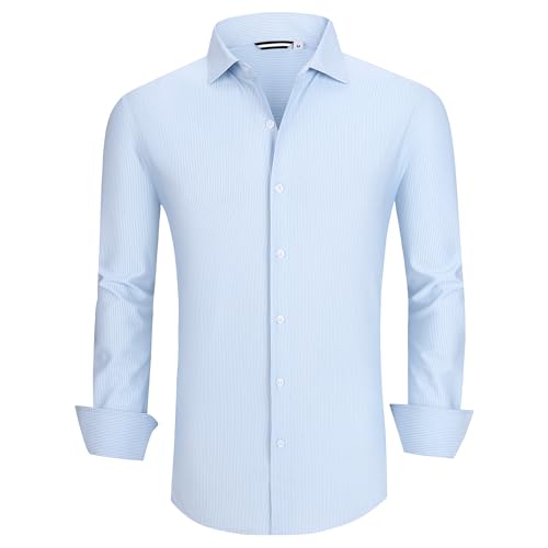 WARHORSEE Mens Stripe Dress Shirts Long Sleeve Wrinkle Free 4-Way Stretch Formal Regular Fit Button Down Shirts for Men