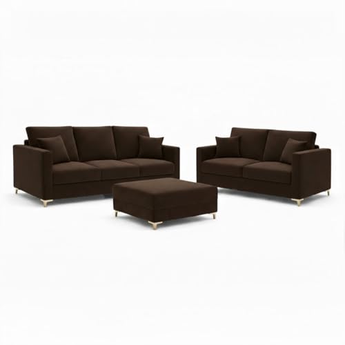 Image of Hayes Rich Velvet Suede 3 Seater + 2 Seater Sofa Set with Ottoman | Golden Aesthetic Legs | 6 Person Seating Capacity | Spacious Soft Touch Comfort | Modern Living Room Sofa (Dark Brown)