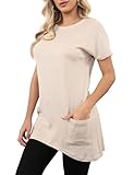 Aphratti Womens Short Sleeve Tunics or Tops to Wear with Leggings Casual Summer Long Shirts with Pockets Apricot XX-Large