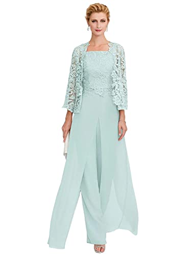 Mother of The Bride Dresses Pantsuits Lace Jumpsuits Wedding Guest Dresses Long Sleeves Formal Evening Gowns for Wedding Lake Blue