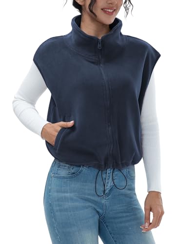 miswek Womens Full Zip Fleece Short Vest Warm Winter Sleeveless Stand Collar Sherpa Crop Coat(Navy01 M)