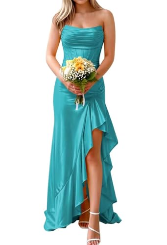 Robe de cocktail volants et corset ajustable en satin soyeux BY181