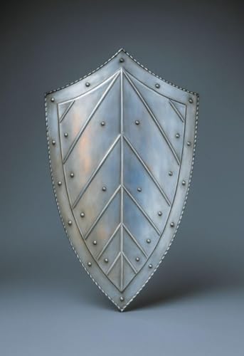 Image of Medieval Knight Shield Wall Art, Silver Metal, Chevron Pattern Design, Decorative Armor Replica