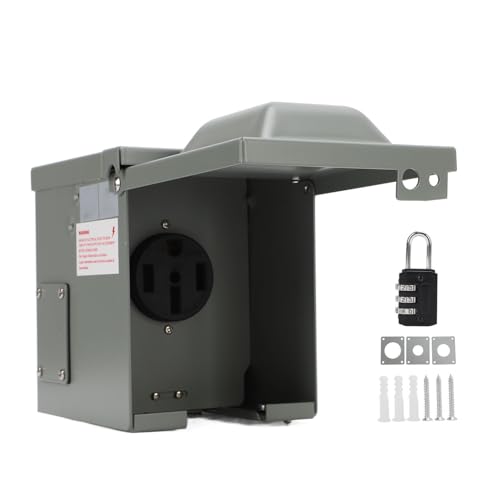 50 Amp RV Power Outlet Box, Receptacle Plug Enclosed Lockable Electrical Panel, for RV Campers Travel Trailer for Generator Temporary Hookup, with Dual Voltage Support