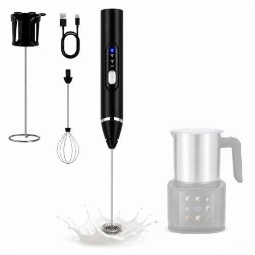 SOIOVO Handheld Milk Frother, Rechargeable 3-Speed Electric Whisk with 3 Detachable 304 Stainless Steel Heads, 6000/7000/8000 RPM, 1200mAh USB-C Coffee Mixer with Storage Stand, Matte Black - image 1