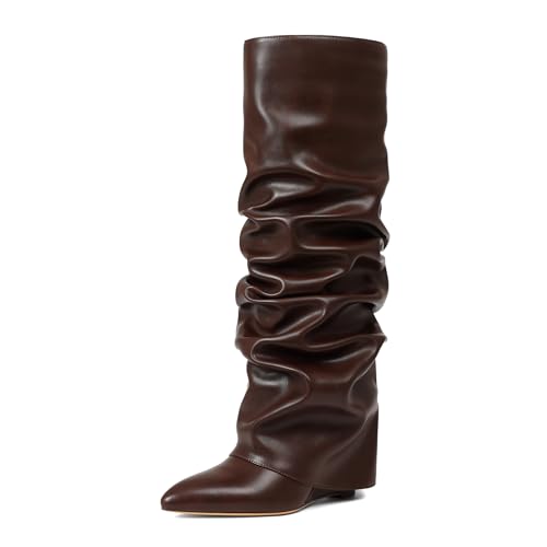 Image of Oiamenne Women's Fold Over Boots Slouch Wide Calf Knee High Boots | 3.15 inch Wedge Heel, Pointed Toe Tall Boots, Pull-on, Faux Leather Boots for Party Daily Wear