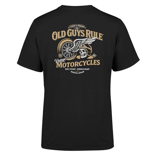 Image of OLD GUYS RULE Vintage Motorcycles V T-Shirt, Black, Regular Fit, Short Sleeve, Graphic Print, Men's (UK, Alpha, XXL, Regular, Regular, Standard, Black)