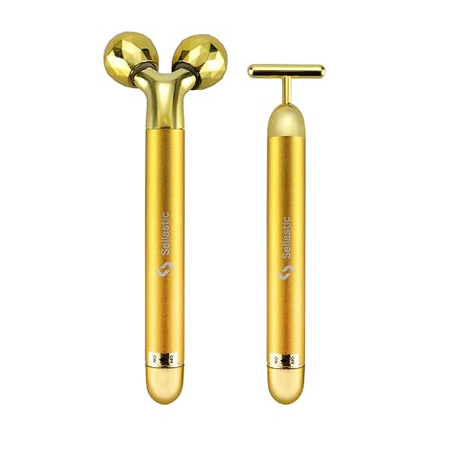 Image of 24k Gold Electric Face Massager,Korean Skincare V shape 3d Facial Roller with T-Shaped Energy Beauty Massage Combo for Anti Aging,Glowing Skin,Face Slimmimg,Eyes,Nose,Forehead,Neck