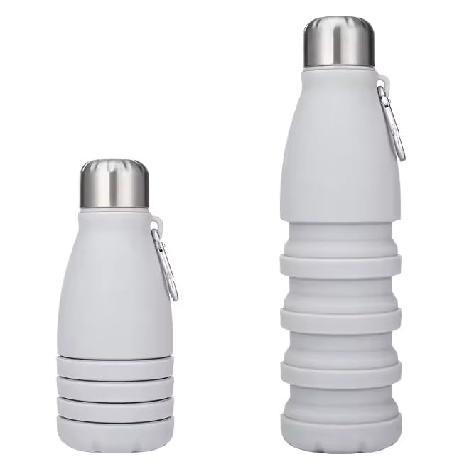 Image of ZENOVIA Collapsible Silicone Water Bottle with Clip, Grey | Foldable, Leakproof, BPA-Free, Portable Reusable, For Gym, Hiking, Camping, Office & Kids