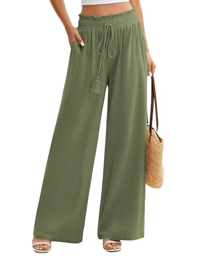 PASUDA Pantalones Mujer Verano Pantalon Ancho de Lino y Algodón de Cintura Alta Pantalón Elástico Causal Yoga Pantalones Fluido Cómodos Ligero Playa con Bolsillos (Verde Oliva, M)