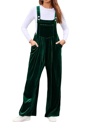 BerryGo Casual Velvet Sleeveless Loose Jumpsuits Dressy One Piece Wide Leg Overalls Long Pant Rompers With Pocket For Women Dark Green Large