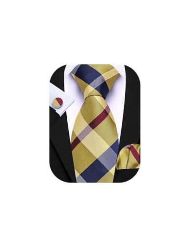 Image of Barry.Wang Plaid Ties for Men Silk Necktie Handkerchief Cuff Links Set