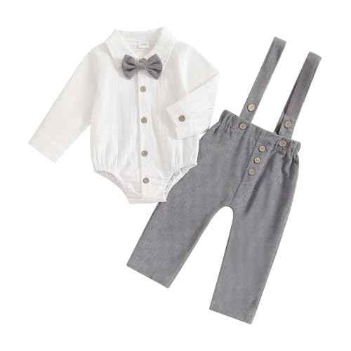 Himllauen - Himllauen Baby Jungen Herbst Gentleman Set Kleinkind Langarm Revers Ausschnitt Shirt Strampler mit Knopfleiste Fliege Hose 2 Stück Neugeborene Jungen Winter Outfits, grau, 0-3 Months