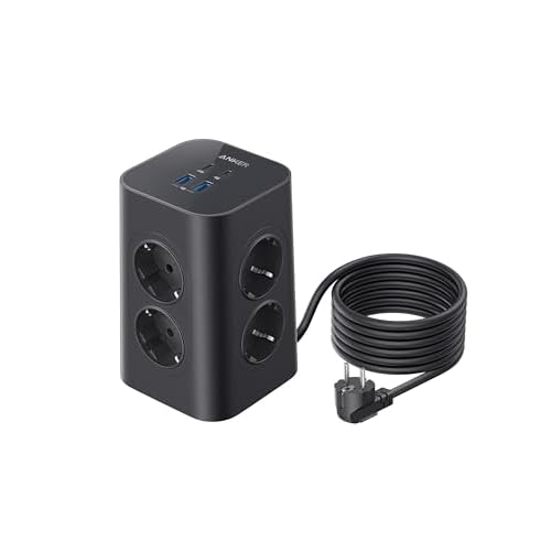 Anker Mehrfachsteckdose, 8-fache Steckdosenleiste, Steckerleiste mit 4 USB, 20W USB C Schnellladen, Mehrfachsteckdose mit Schalter, 2m Kabel Steckdosenturm für Büro, Zuhause, Gaming Schwarz