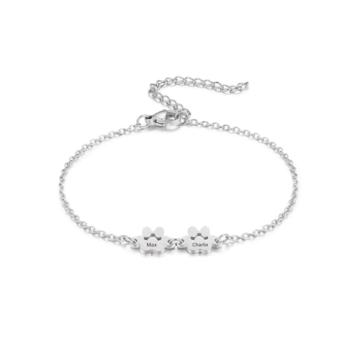 MeMeDIY Personalisiertes Pfotenabdruck Armband für Frauen Graviert mit 1-5 Namen für Hunde und Katzen Haustierpfoten Armband Verstellbare Kette Hundeschmuck Gedenkgeschenke für Tierliebhaber - A2