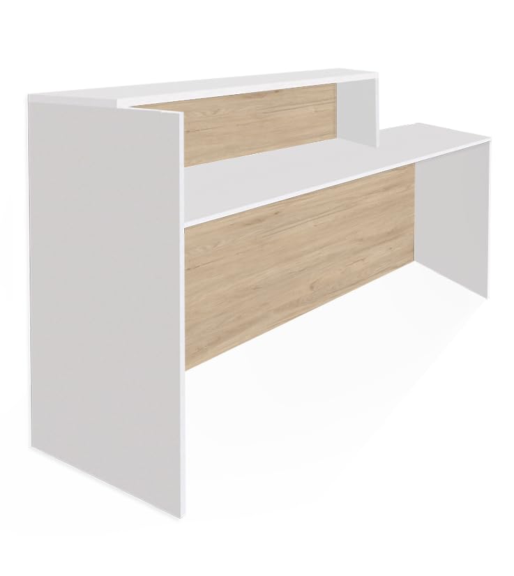 Comptoir De Réception Compact 140cm - Noyer Et Blanc, Hauteur 105cm, Montage Facile, Pour Bureau Et Commerces
