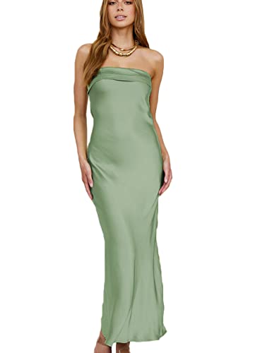 Realtix Satin Silk Backless Tube Tops Maxi Dress for Women Low Back Hollow Out Elegant Strapless Long Dresses Wedding Guest Sage