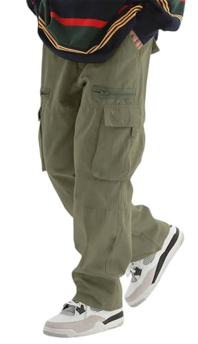 OLIPHEE Pantalones Cargo Hombre Pantalones de Trabajo Hombre Pantalón con Cordón y Bolsillos Pantalón Cintura Elástica Casual Deportivo Streetwear Verde S