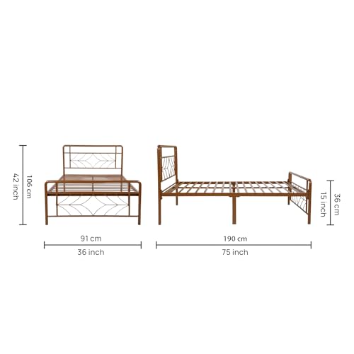 Image of Vara Metal Extra Single Size Bed Without Storage | Wrought Iron Single Bed with Headboard & Footboard| Sturdy Powder Coated Platform Cot for Bedroom (Vara Brown)